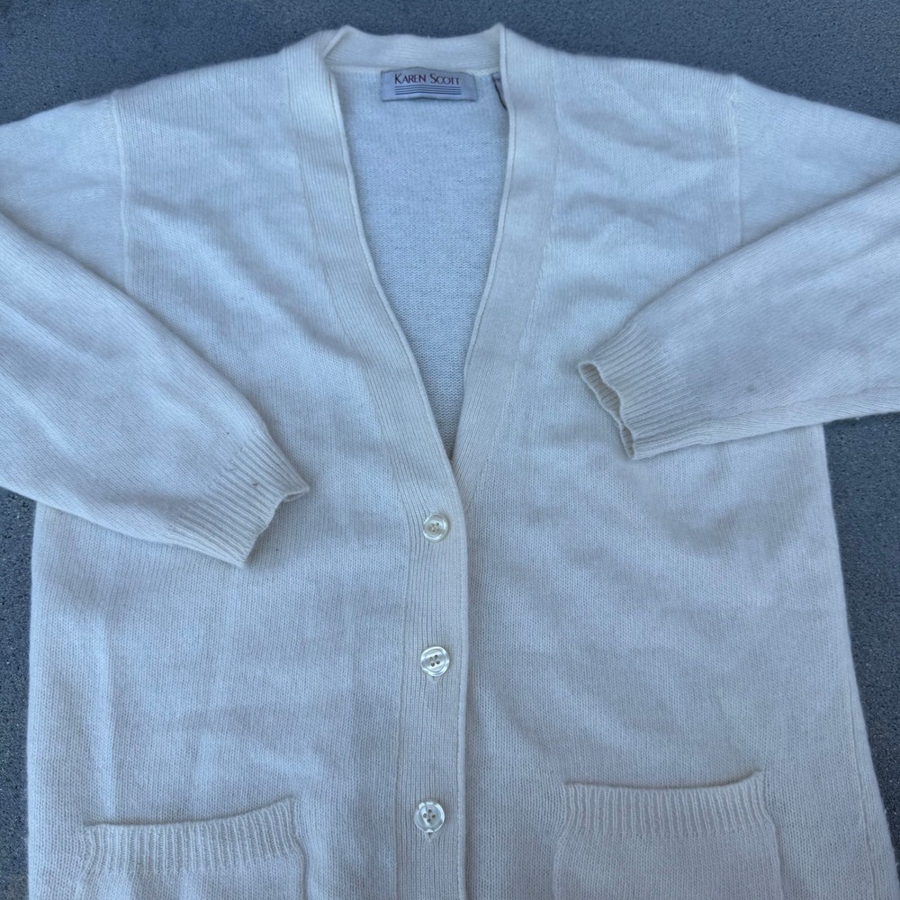 Karen Scott Vintage Cream Lambswool Angora Cardigan Sweater Women Medium White‎